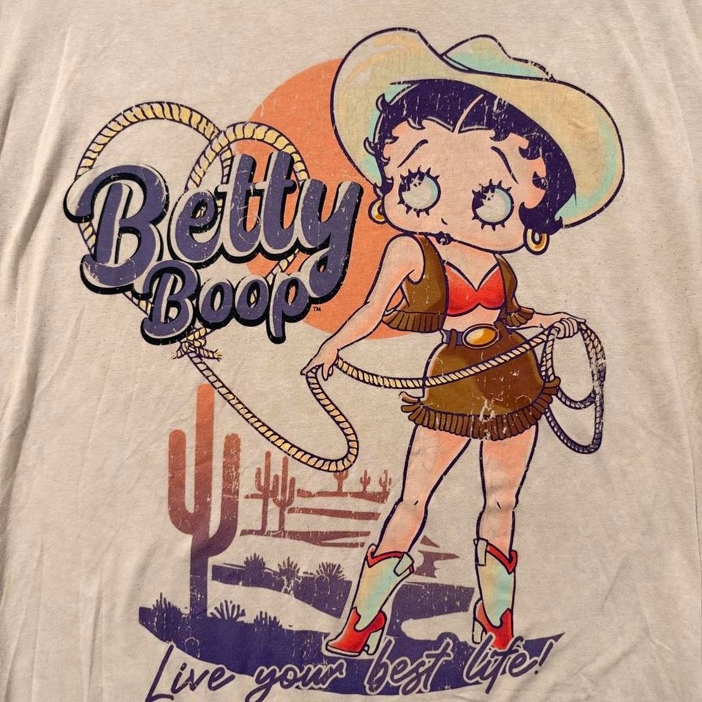 Betty Boop Western Cowgirl Graphic Tee Sand Tan Fleischer Studios Womens Large